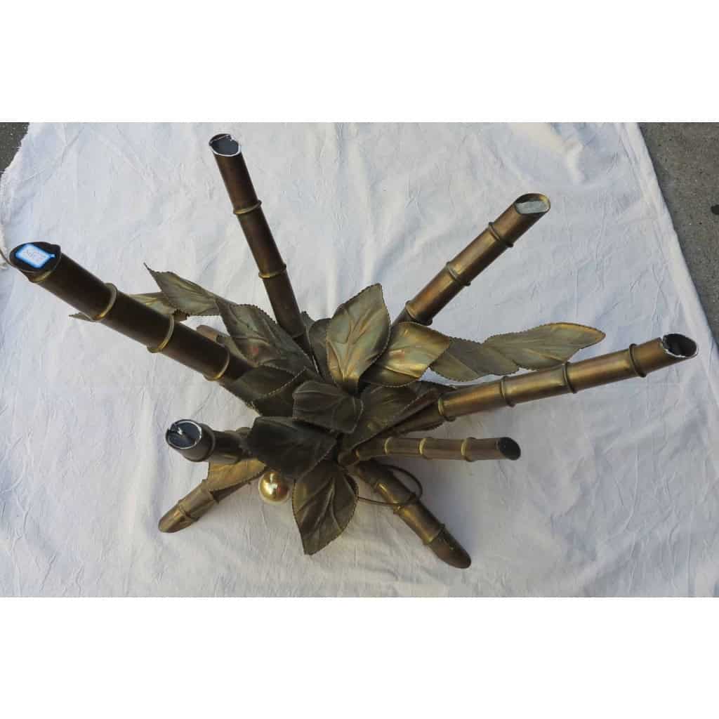 1950/70′ Table Décor Bambou en Bronze Style Duval Brasseur Éclairante