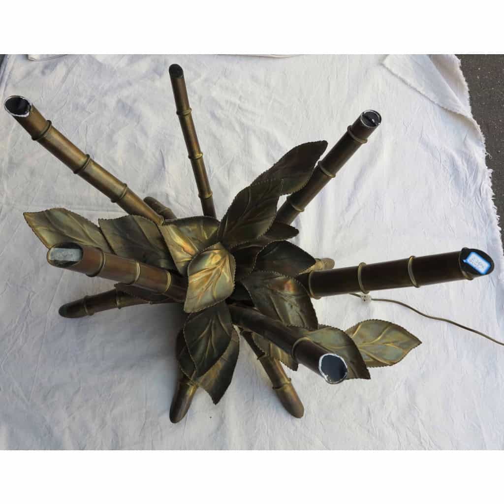 1950/70′ Table Décor Bambou en Bronze Style Duval Brasseur Éclairante