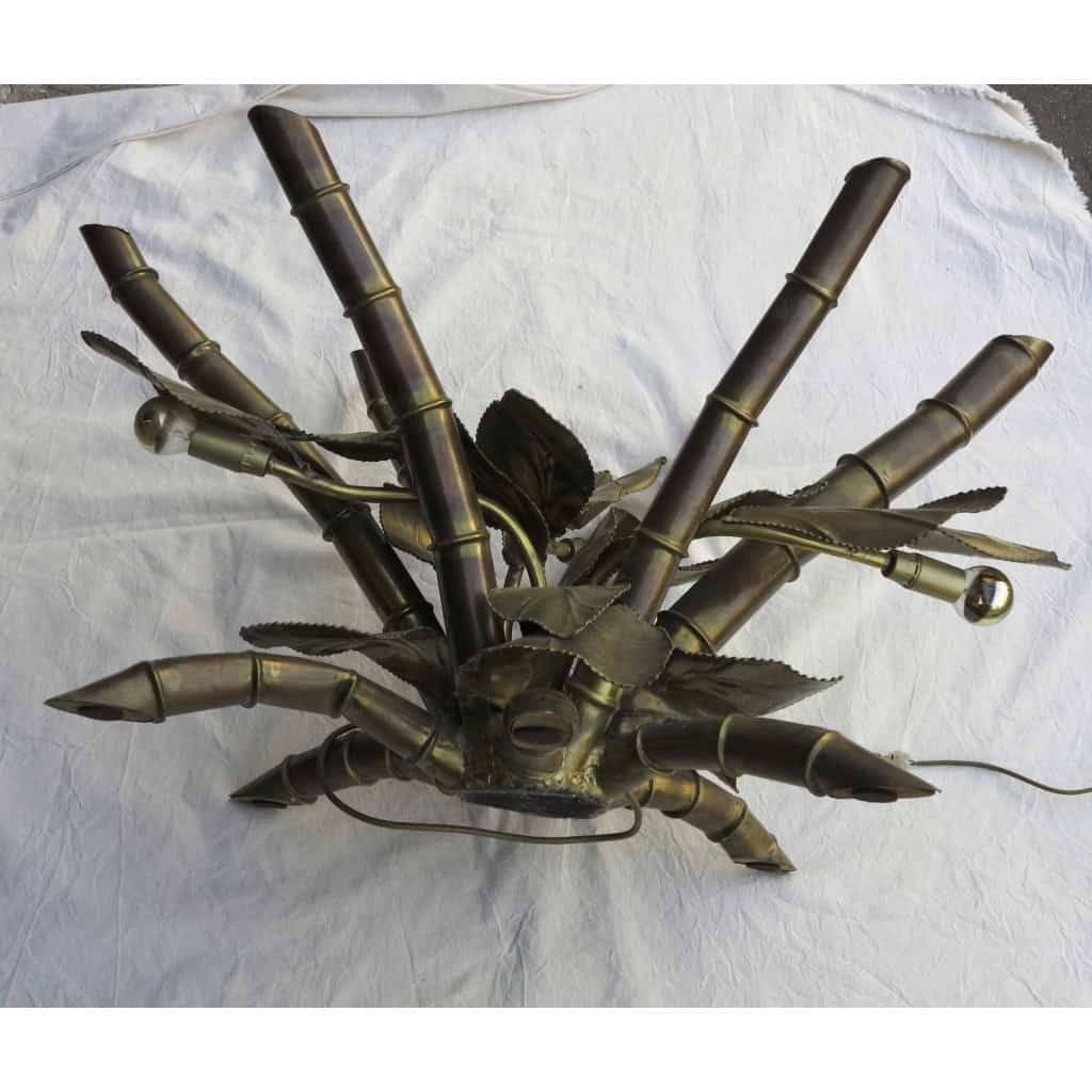 1950/70′ Table Décor Bambou en Bronze Style Duval Brasseur Éclairante