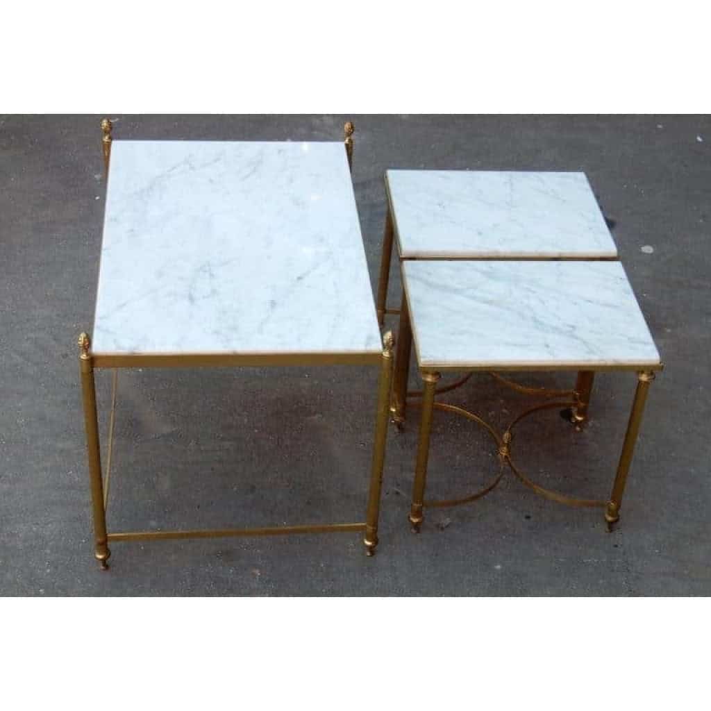 1950/70′ Table Basse et ses 2 Bouts de Canapé Laiton Doré Plateau Marbre Blanc Maison Baguès