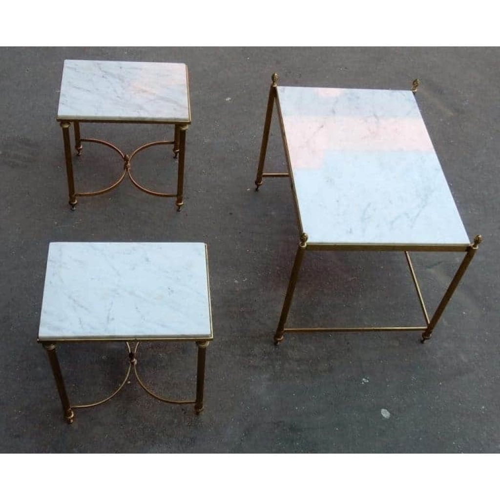 1950/70′ Table Basse et ses 2 Bouts de Canapé Laiton Doré Plateau Marbre Blanc Maison Baguès