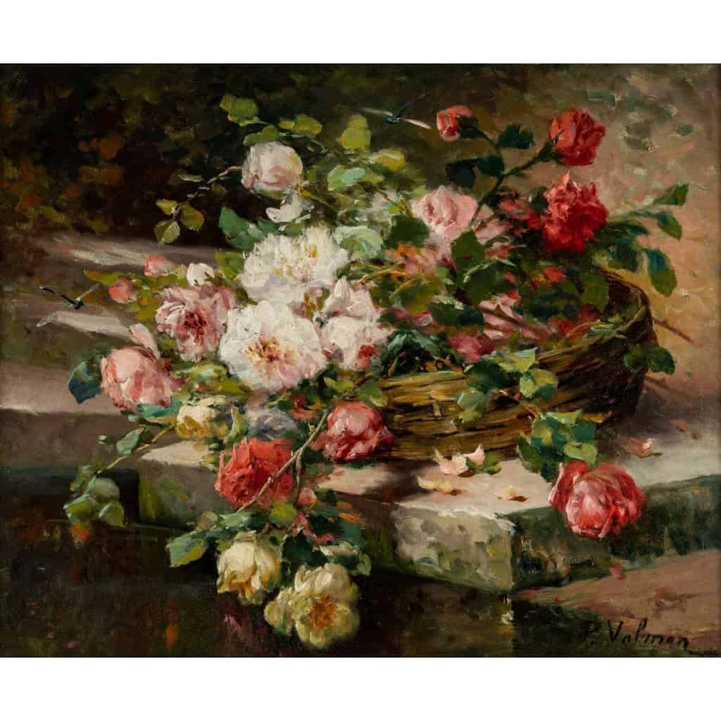 P. Valmon (1850 - 1911) : Jetée de roses sur un entablement.