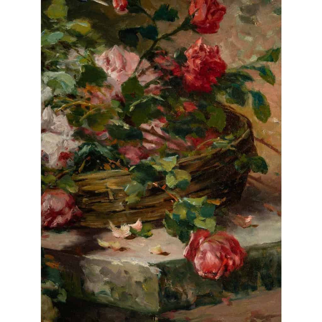 P. Valmon (1850 - 1911) : Jetée de roses sur un entablement.