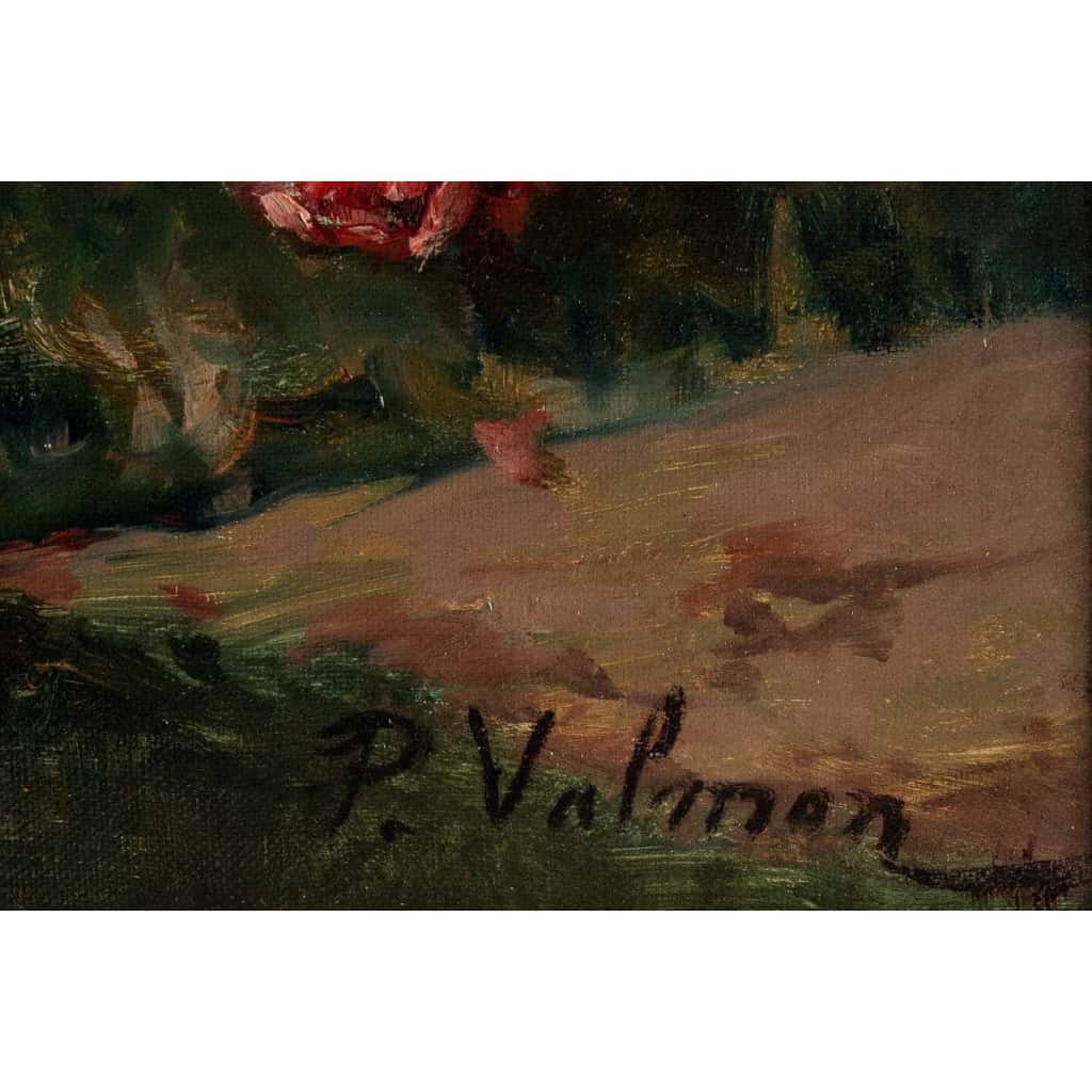 P. Valmon (1850 - 1911) : Jetée de roses sur un entablement.