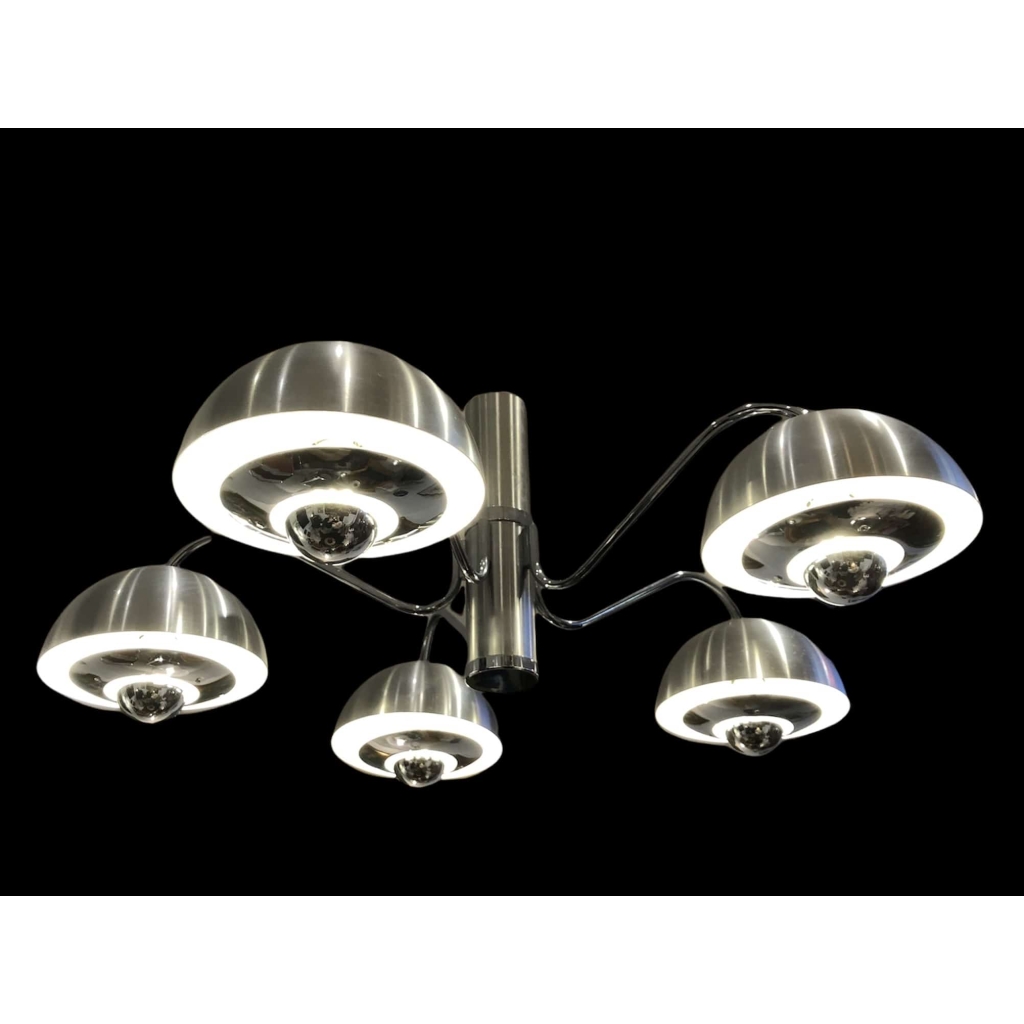 LUSTRE des années 1970 en chromé mate et brillant 5 lumières | Biron |||||||
