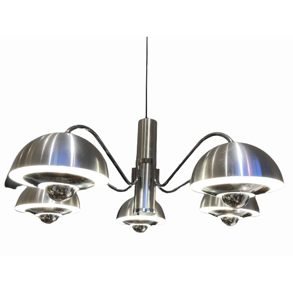 LUSTRE des années 1970 en chromé mate et brillant 5 lumières | Biron LUSTRE des années 1970 en chromé mate et brillant 5 lumières