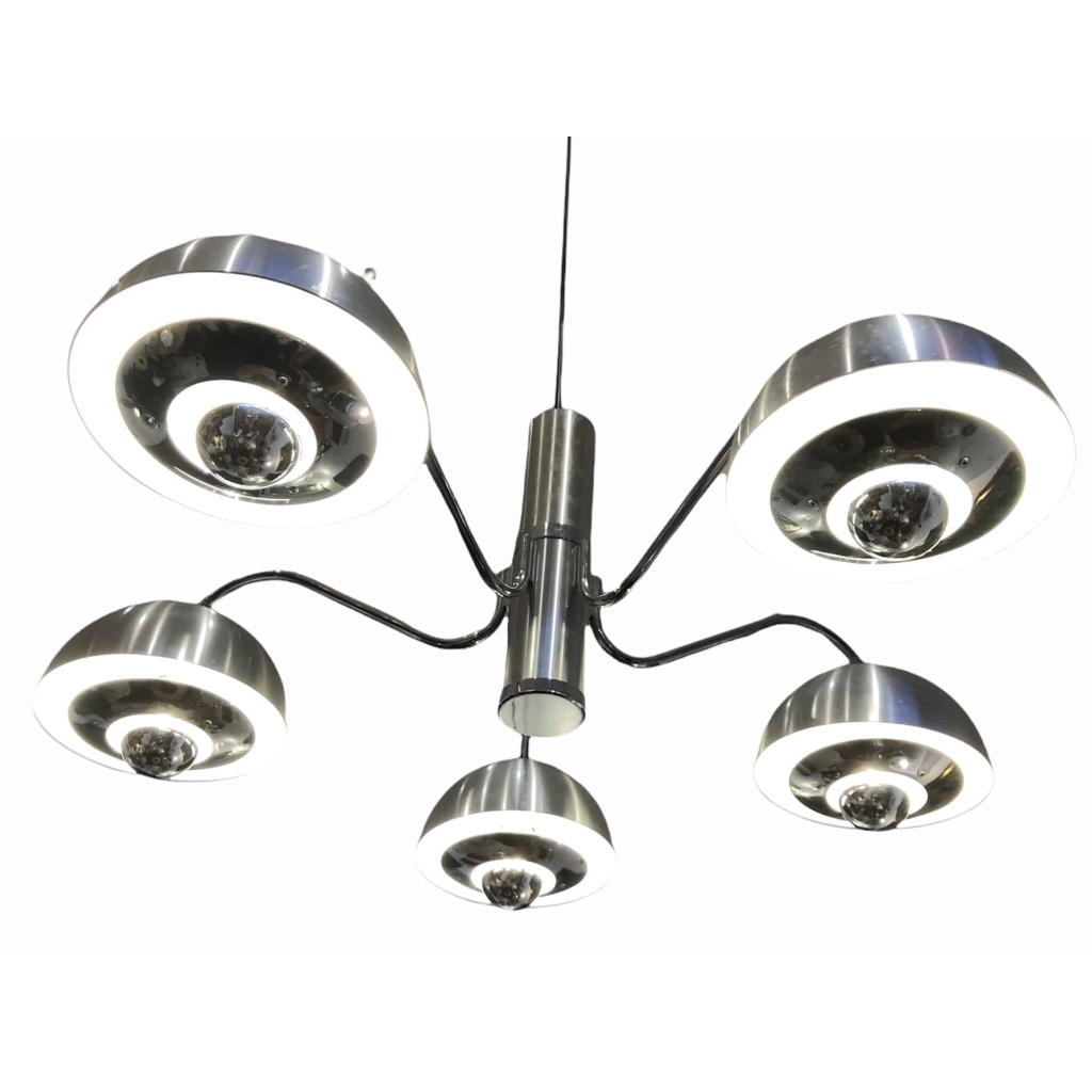 LUSTRE des années 1970 en chromé mate et brillant 5 lumières | Biron LUSTRE des années 1970 en chromé mate et brillant 5 lumières