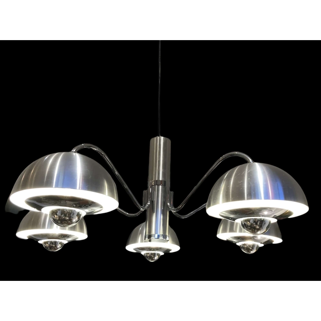 LUSTRE des années 1970 en chromé mate et brillant 5 lumières | Biron LUSTRE des années 1970 en chromé mate et brillant 5 lumières