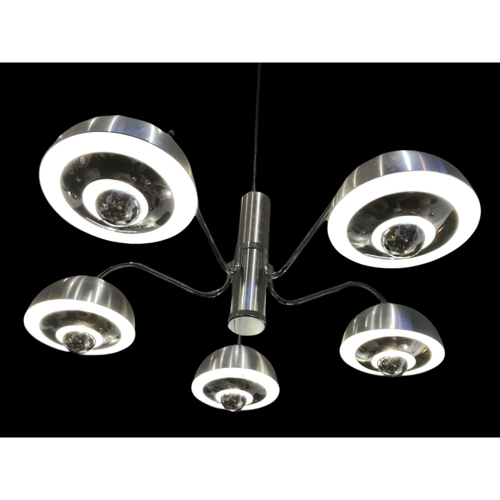 LUSTRE des années 1970 en chromé mate et brillant 5 lumières | Biron LUSTRE des années 1970 en chromé mate et brillant 5 lumières