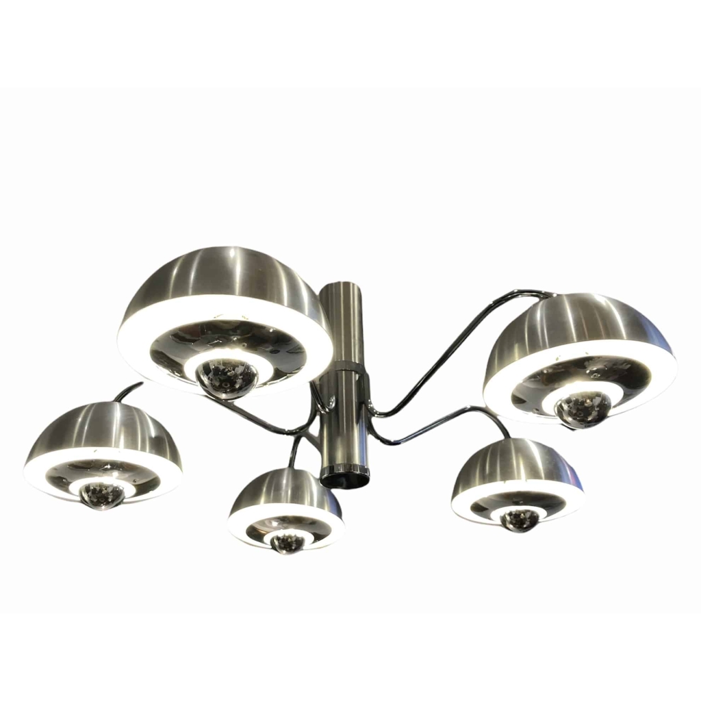LUSTRE des années 1970 en chromé mate et brillant 5 lumières | Biron LUSTRE des années 1970 en chromé mate et brillant 5 lumières