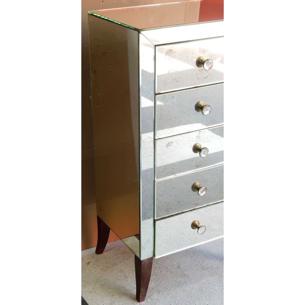 1940/50′ Meuble Art Déco Miroir Vintage 5 Tiroirs 6 Poignées Verre 50 X 39 cm