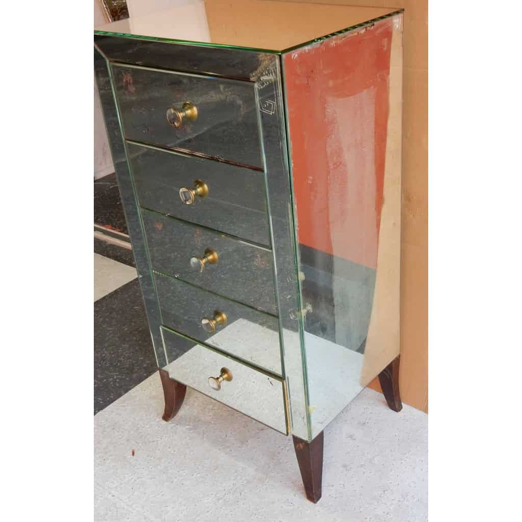 1940/50′ Meuble Art Déco Miroir Vintage 5 Tiroirs 6 Poignées Verre 50 X 39 cm
