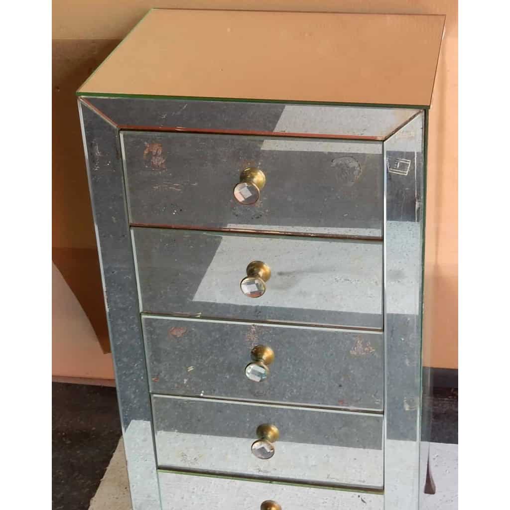 1940/50′ Meuble Art Déco Miroir Vintage 5 Tiroirs 6 Poignées Verre 50 X 39 cm