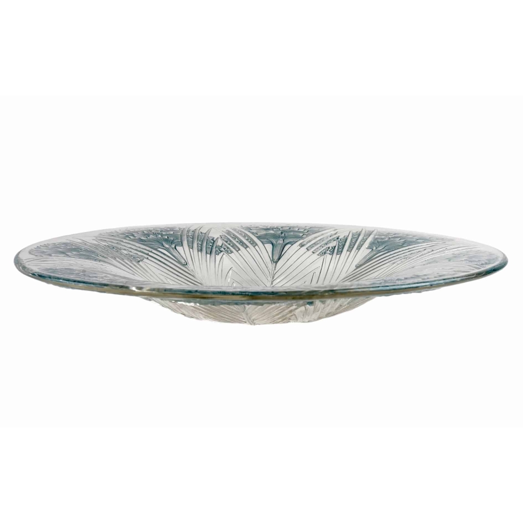 Coupe Plat « Oeillet » verre blanc patiné bleu de René LALIQUE | Biron Coupe Plat "Oeillet" verre blanc patiné bleu de René LALIQUE