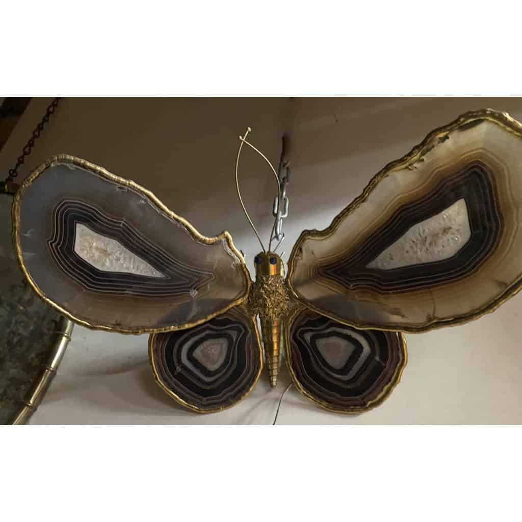 1970′ Applique Papillon en Bronze ou Laiton, 4 Ampoules, Ailes d’Agate : 58X H37 cm | Biron 1970′ Applique Papillon en Bronze ou Laiton, 4 Ampoules, Ailes d’Agate : 58X H37 cm
