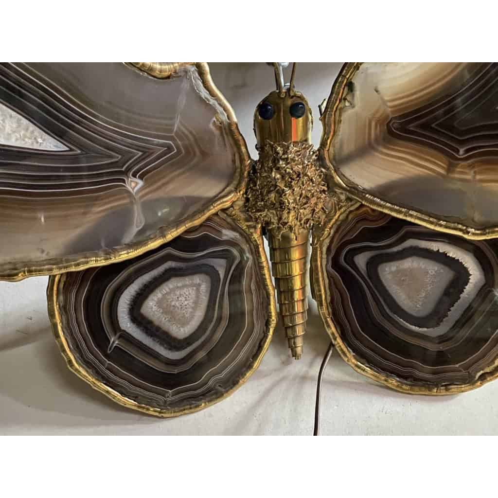 1970′ Applique Papillon en Bronze ou Laiton, 4 Ampoules, Ailes d’Agate : 58X H37 cm | Biron 1970′ Applique Papillon en Bronze ou Laiton, 4 Ampoules, Ailes d’Agate : 58X H37 cm