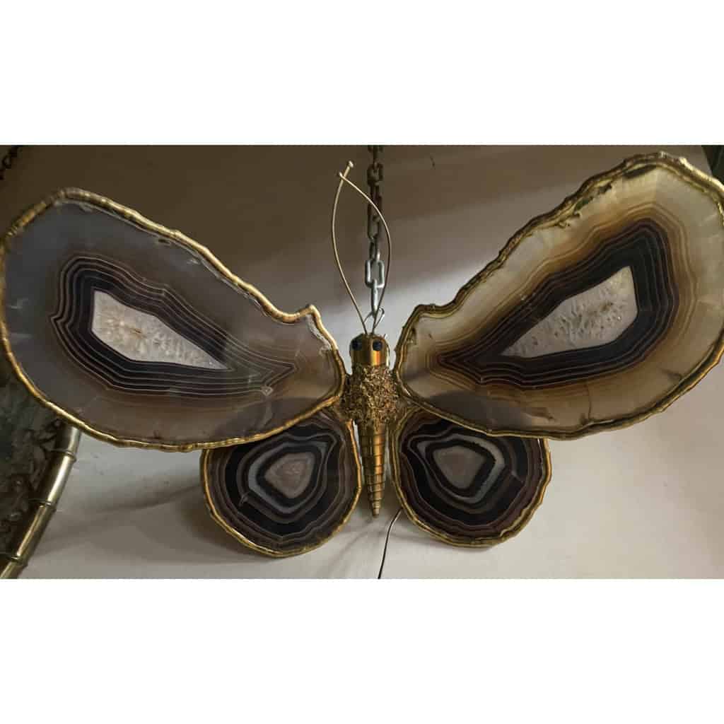1970′ Applique Papillon en Bronze ou Laiton, 4 Ampoules, Ailes d’Agate : 58X H37 cm | Biron 1970′ Applique Papillon en Bronze ou Laiton, 4 Ampoules, Ailes d’Agate : 58X H37 cm