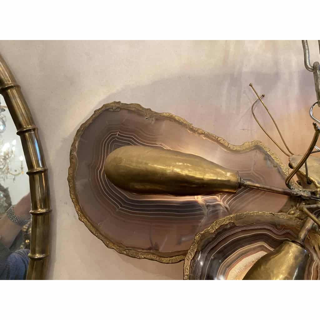 1970′ Applique Papillon en Bronze ou Laiton, 4 Ampoules, Ailes d’Agate : 58X H37 cm | Biron 1970′ Applique Papillon en Bronze ou Laiton, 4 Ampoules, Ailes d’Agate : 58X H37 cm
