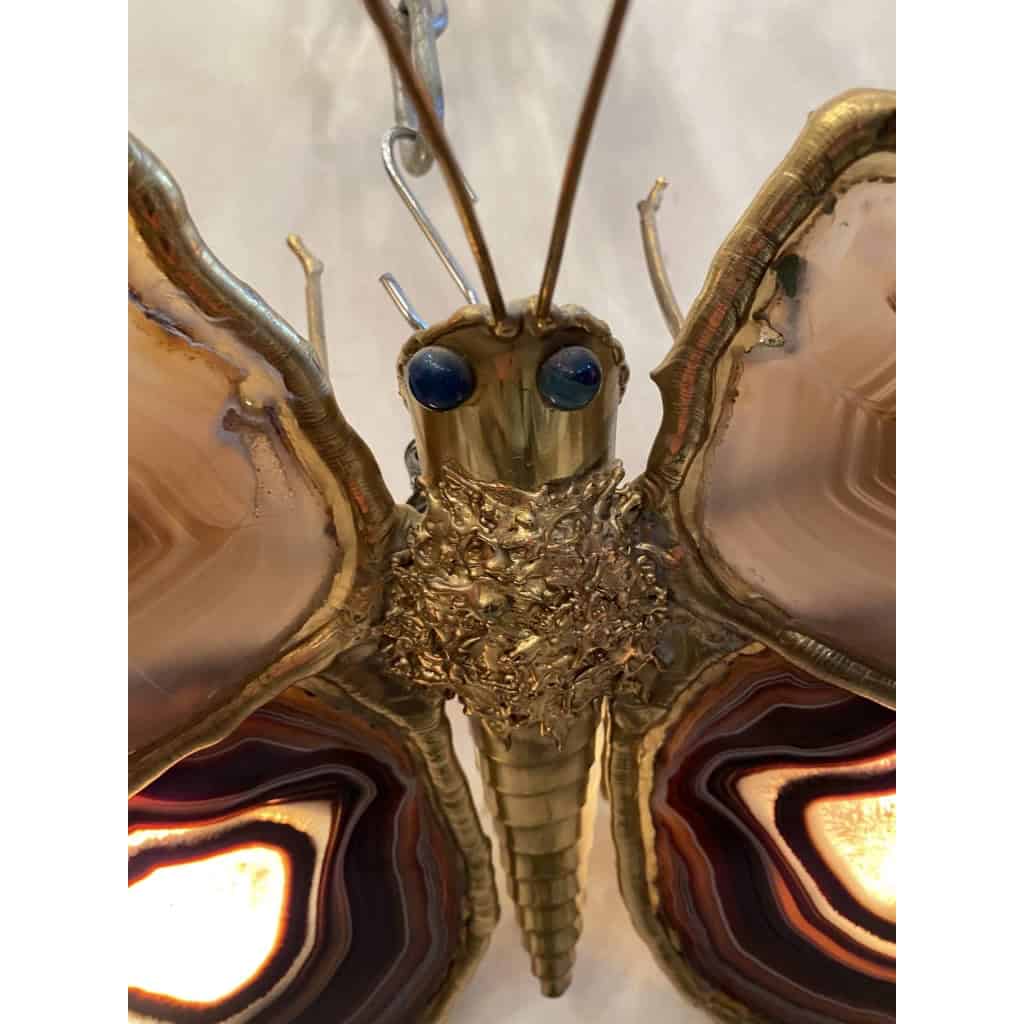 1970′ Applique Papillon en Bronze ou Laiton, 4 Ampoules, Ailes d’Agate : 58X H37 cm | Biron 1970′ Applique Papillon en Bronze ou Laiton, 4 Ampoules, Ailes d’Agate : 58X H37 cm