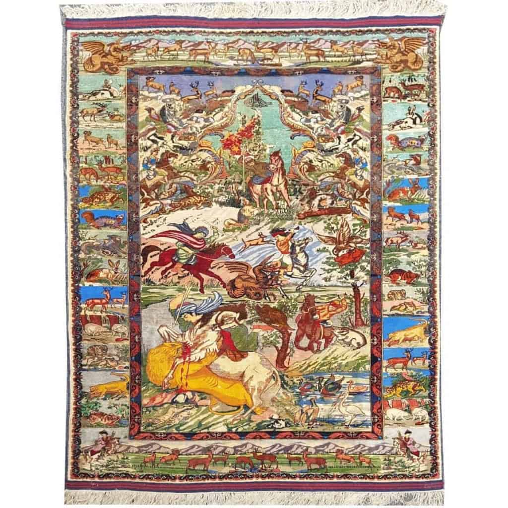 Tapis Tabriz Laine Et Soie – Chasse Persane – Vers 1970 Iran Epoque Du Shah | Biron Tapis Tabriz Laine Et Soie - Chasse Persane - Vers 1970 Iran Epoque Du Shah