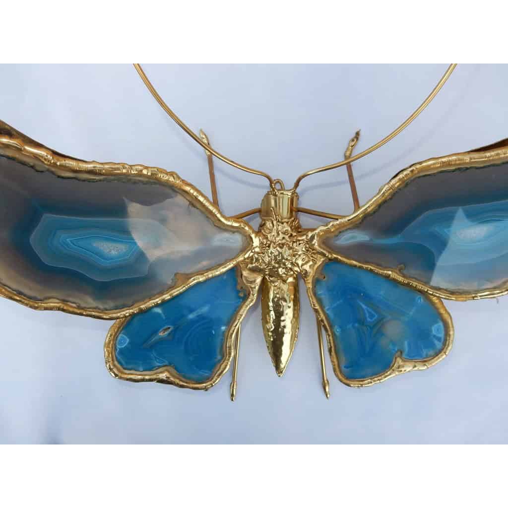 1970′ Applique Papillon Duval Brasseur Ou Isabelle Faure Avec Ailes En Agates Bleues 40 X H 35 CM | Biron 1970′ Applique Papillon Duval Brasseur Ou Isabelle Faure Avec Ailes En Agates Bleues 40 X H 35 CM