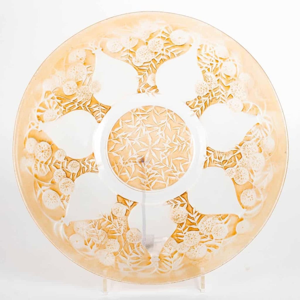 Paire de plats coupes "Vases" verre blanc patiné sépia de René LALIQUE