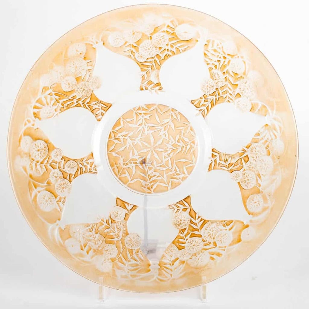 Paire de plats coupes "Vases" verre blanc patiné sépia de René LALIQUE