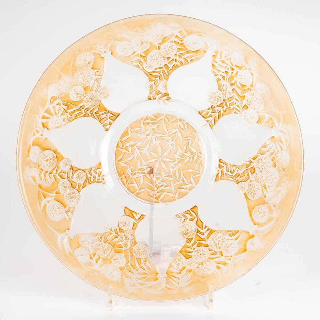 Paire de plats coupes "Vases" verre blanc patiné sépia de René LALIQUE