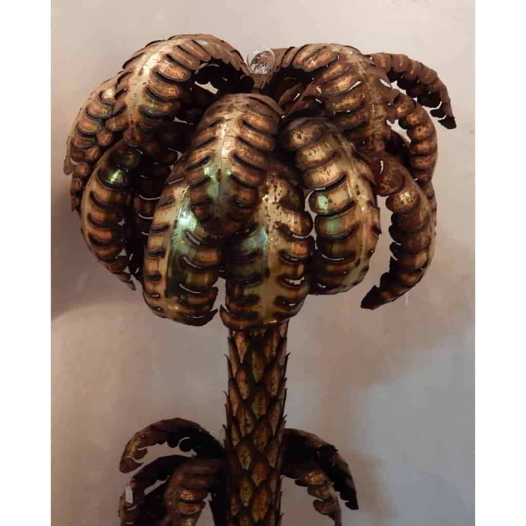 1970′ Palmier 2 Têtes Éclairantes en Fer Patiné Style Maison Jansen
