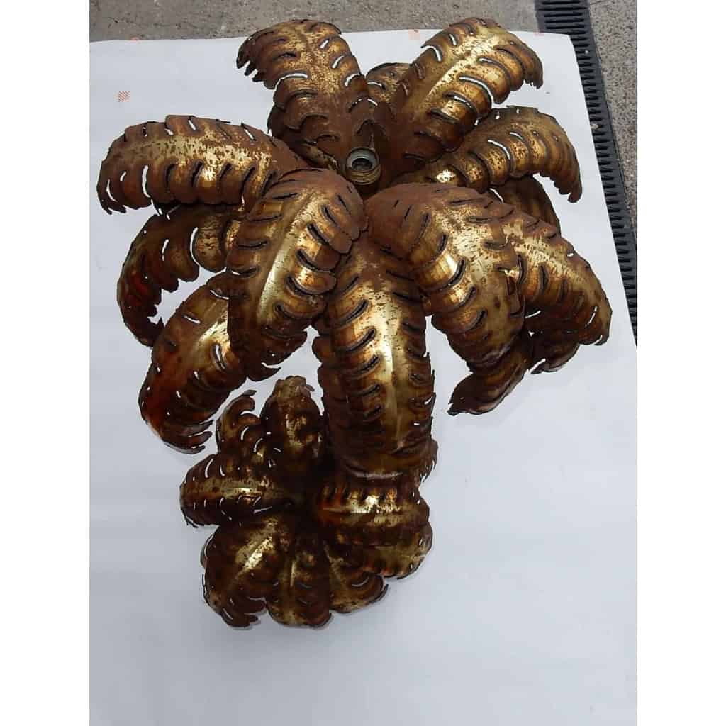 1970′ Palmier 2 Têtes Éclairantes en Fer Patiné Style Maison Jansen