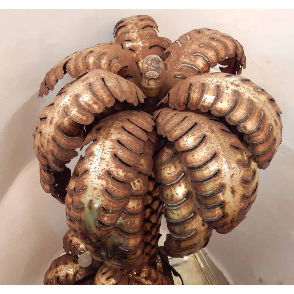 1970′ Palmier 2 Têtes Éclairantes en Fer Patiné Style Maison Jansen