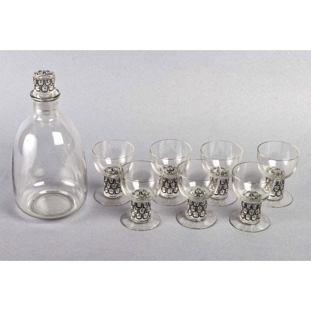 Service « Saint Nabor » verre blanc émaillé noir d’origine (7 verres + 1 carafe) de René LALIQUE | Biron ||||||||||||