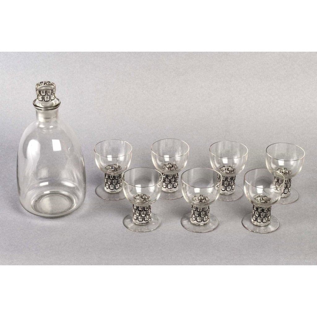 Service « Saint Nabor » verre blanc émaillé noir d’origine (7 verres + 1 carafe) de René LALIQUE | Biron Service "Saint Nabor" verre blanc émaillé noir d'origine (7 verres + 1 carafe) de René LALIQUE