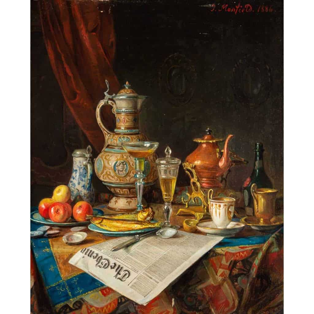 Nature morte aux verres et porcelaines, G. Manfield, 1886