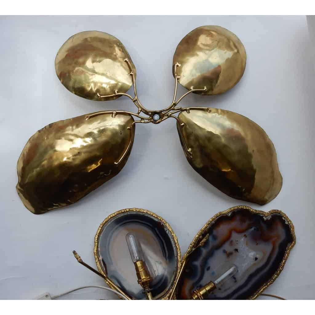 1970′ Applique Papillon en Bronze ou Laiton, 4 Ampoules, Ailes d’Agate : 53 X H50 cm