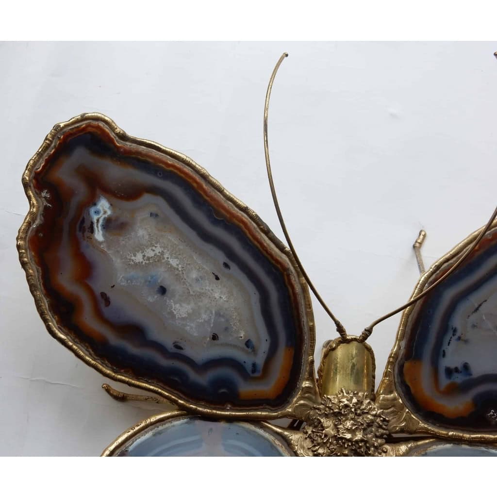 1970′ Applique Papillon en Bronze ou Laiton, 4 Ampoules, Ailes d’Agate : 53 X H50 cm