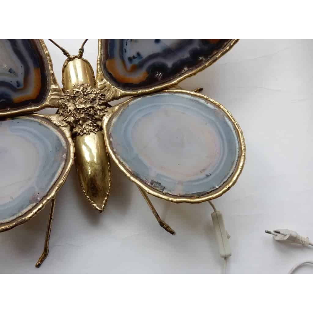 1970′ Applique Papillon en Bronze ou Laiton, 4 Ampoules, Ailes d’Agate : 53 X H50 cm