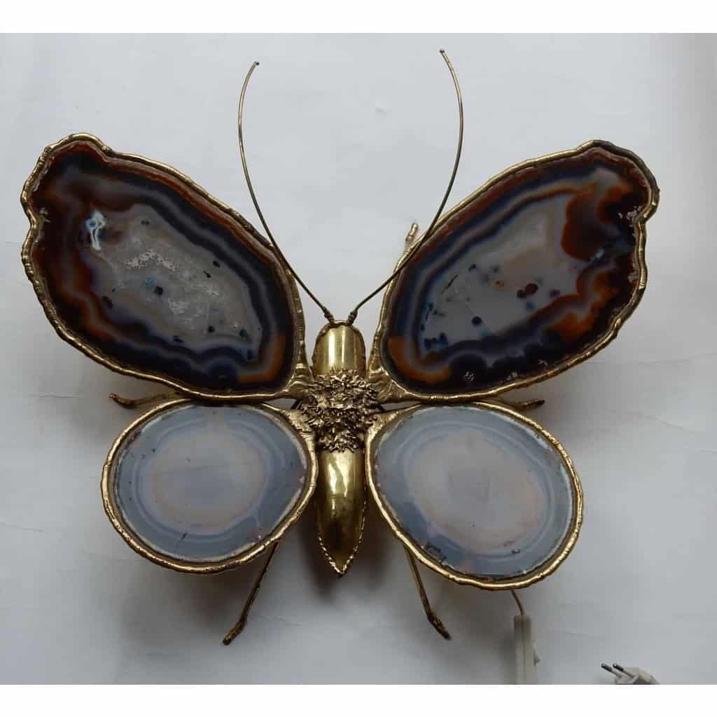 1970′ Applique Papillon en Bronze ou Laiton, 4 Ampoules, Ailes d’Agate : 53 X H50 cm