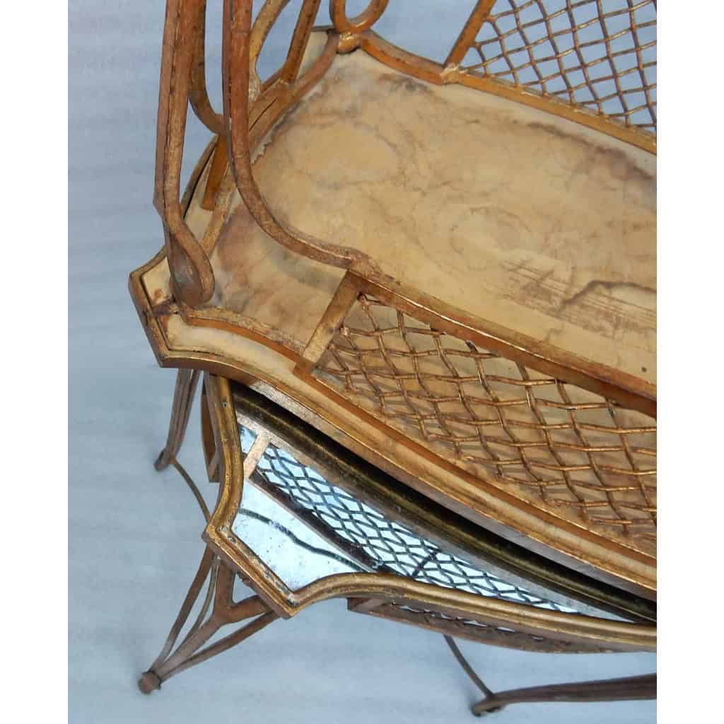 1950′ Paire De Tables d’Appoint Maison Baguès Fer Forgé Dorée à l’Or Plateaux Miroirs Oxydés Vieillis