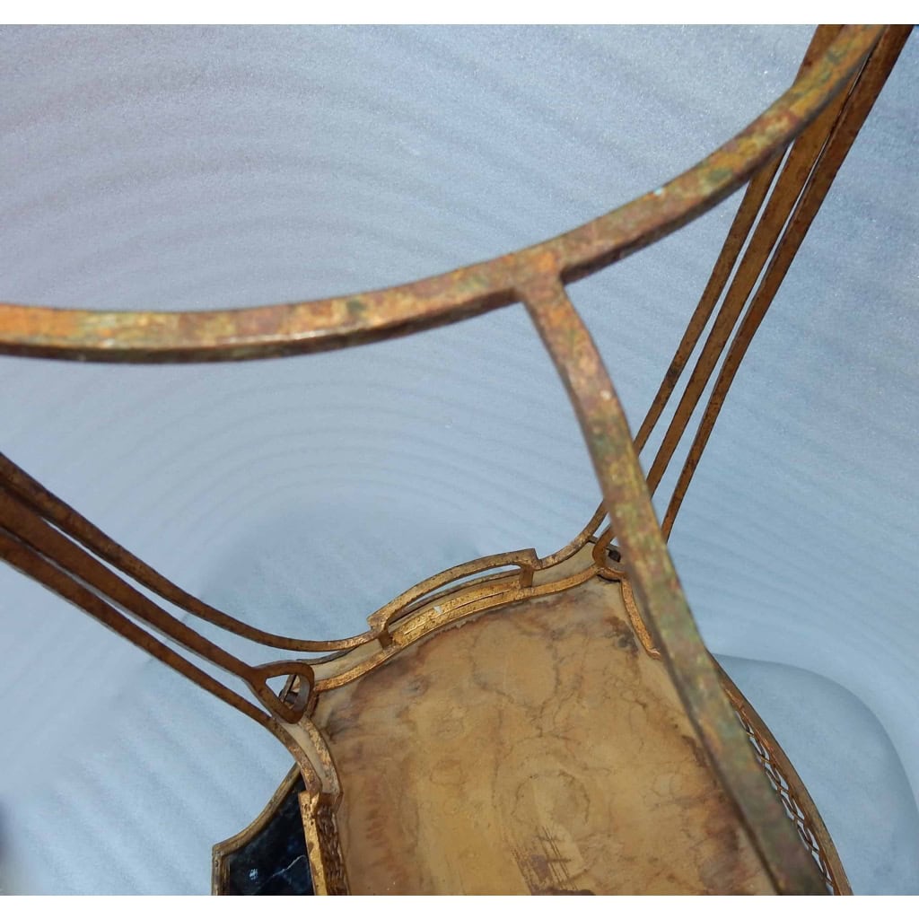 1950′ Paire De Tables d’Appoint Maison Baguès Fer Forgé Dorée à l’Or Plateaux Miroirs Oxydés Vieillis