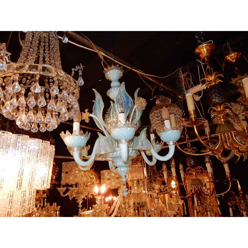 1950/70′ Lustre Murano Bleu Laiteux Opalescent 6 Bras de Lumière | Biron |||||||||
