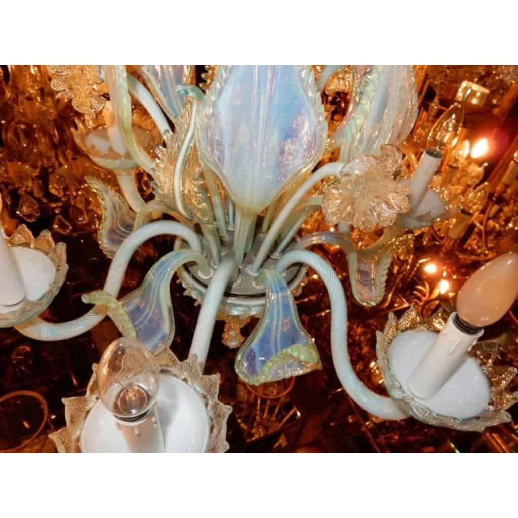 1950/70′ Lustre Murano Bleu Laiteux Opalescent 6 Bras de Lumière | Biron 1950/70′ Lustre Murano Bleu Laiteux Opalescent 6 Bras de Lumière