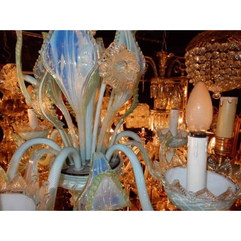 1950/70′ Lustre Murano Bleu Laiteux Opalescent 6 Bras de Lumière | Biron 1950/70′ Lustre Murano Bleu Laiteux Opalescent 6 Bras de Lumière