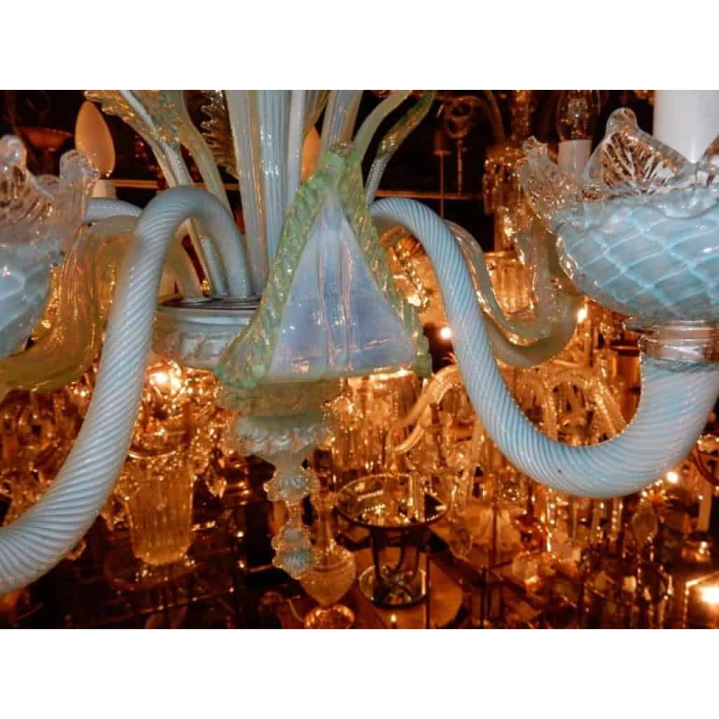 1950/70′ Lustre Murano Bleu Laiteux Opalescent 6 Bras de Lumière | Biron 1950/70′ Lustre Murano Bleu Laiteux Opalescent 6 Bras de Lumière