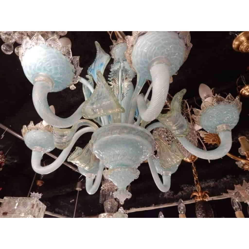 1950/70′ Lustre Murano Bleu Laiteux Opalescent 6 Bras de Lumière | Biron 1950/70′ Lustre Murano Bleu Laiteux Opalescent 6 Bras de Lumière