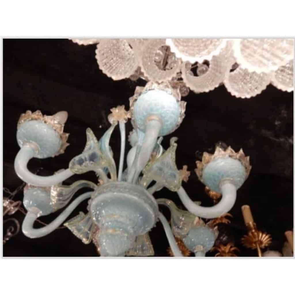 1950/70′ Lustre Murano Bleu Laiteux Opalescent 6 Bras de Lumière | Biron 1950/70′ Lustre Murano Bleu Laiteux Opalescent 6 Bras de Lumière