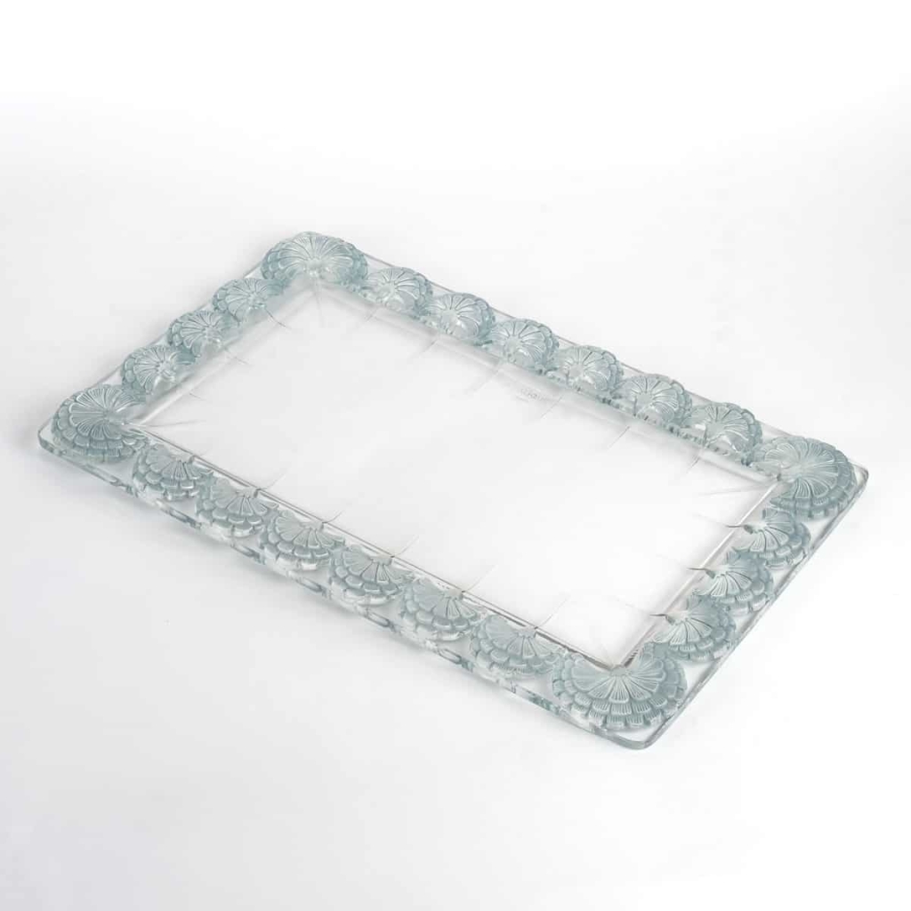 Plateau plat « Oeillets » verre blanc patiné bleu de René LALIQUE | Biron ||||||