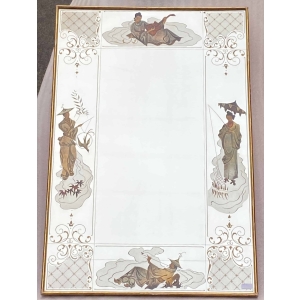 1960/70 Miroir aux Chinois Décor Eglomisé Et Cadre Feuilles d’Or DLG Pansard