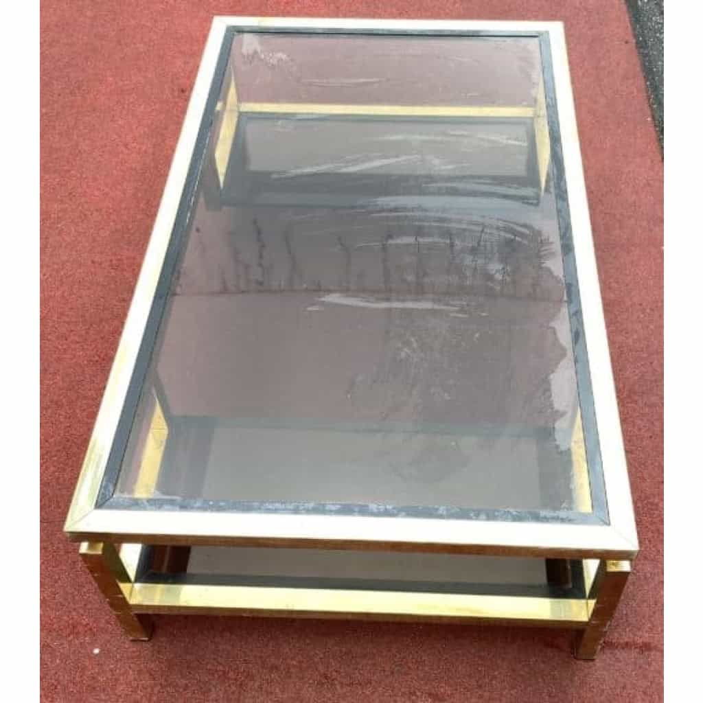 1970′ Table Basse Rectangulaire Guy Lefevre En Laiton Et Vitres Fumées 130 x 80 cm