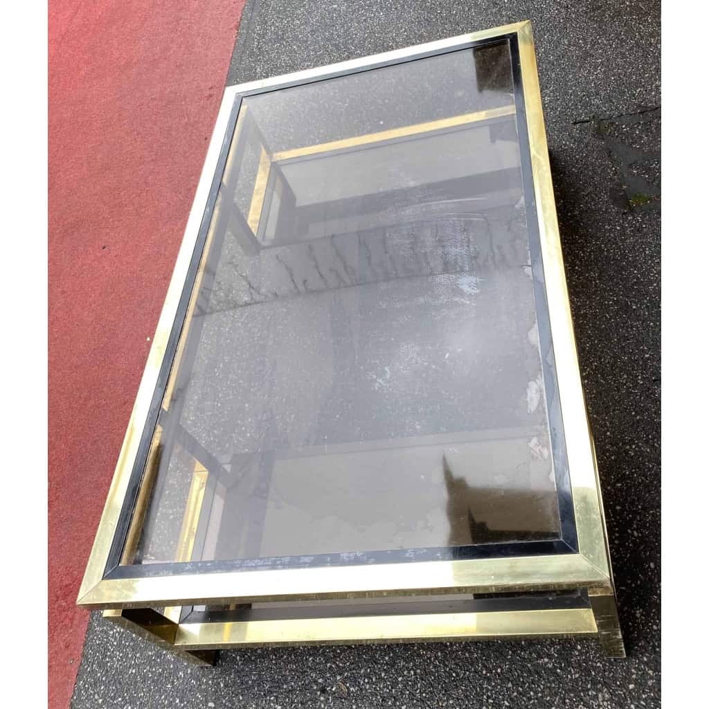 1970′ Table Basse Rectangulaire Guy Lefevre En Laiton Et Vitres Fumées 130 x 80 cm